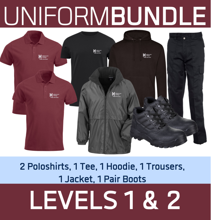 Level 1/2 Unisex Uniform Bundle - 2 Poloshirts, 1 Sports T, 1 Jacket, 1 Trousers, 1 Hoodie & Boots