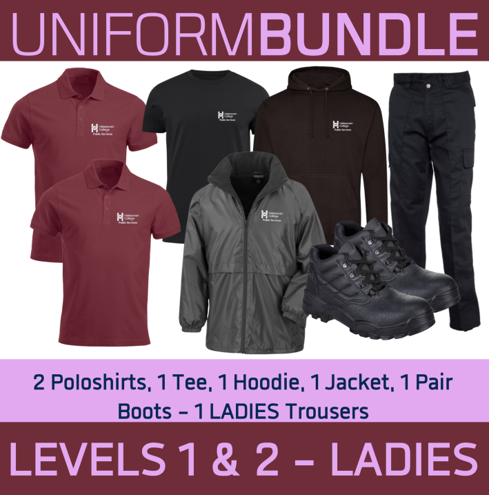 Level 1/2 Female Uniform Bundle - 2 Poloshirts, 1 Sports T, 1 Jacket, 1 Ladies Trousers, 1 Hoodie & Boots