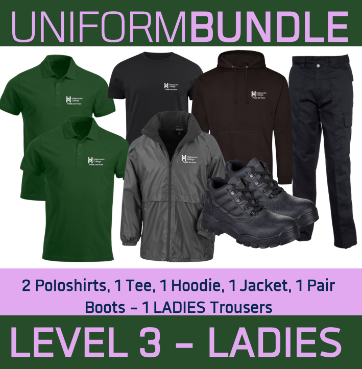 Level 3 Female Uniform Bundle - 2 Poloshirts, 1 Sports T, 1 Jacket, 1 Ladies Trousers, 1 Hoodie & Boots