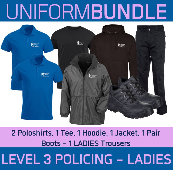 Level 3 Female Uniform Bundle - 2 Poloshirts, 1 Sports T, 1 Jacket, 1 Ladies Trousers, 1 Hoodie & Boots